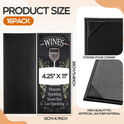 GlikCeil 16 Pcs Restaurant Leather Menu Holders Single Panel Menu Covers for Wine Drinks List 4.25 x 11 Inch Black Menu Book Cover with Angled Corners for bar Hotel Coffee, Single View