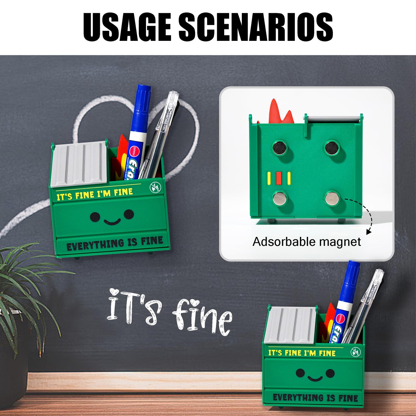 Tian Zhun Dumpster Fire Pencil Holder Funny Magnetic Pen Holder Set of 2，Strong Magnets to Store Marker Pencil Organizer for Refrigerator Whiteboard Locker Home Office or Hospital