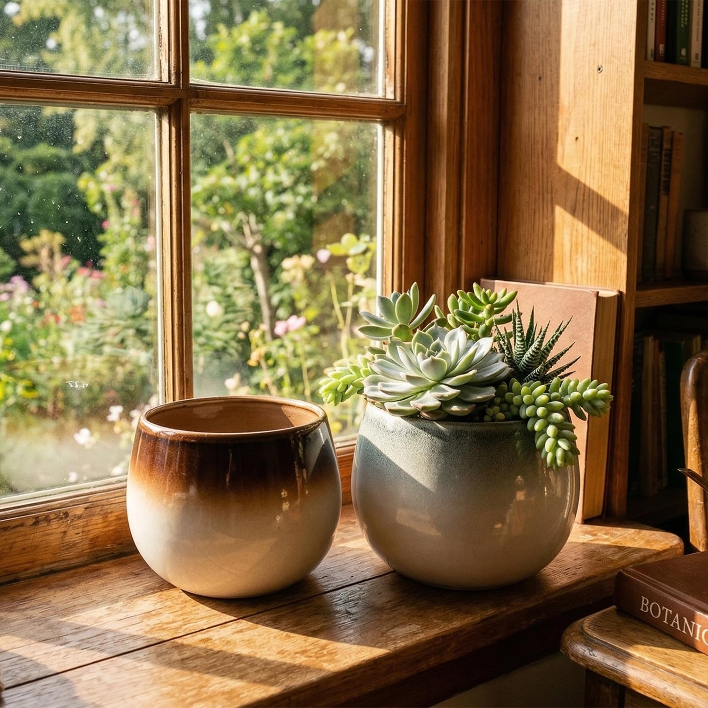 Sin wings 5.6 Inch Ombre Glazed Ceramic Planter Set, Round Bulbous Flower Pot with Drainage Hole, Modern Gradient Indoor Plant Pot for Calathea, Pothos, and Houseplants, Home Decor, 2 Pack