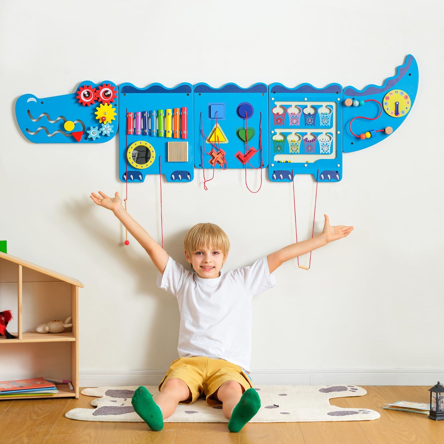 nigwet Crocodile Sensory Toys Activity Wall Panels, Educational Montessori Busy Board for Toddlers, Activity Cube - Sensory Wall, Wooden Learning Toys, Interactive Toy, Blue