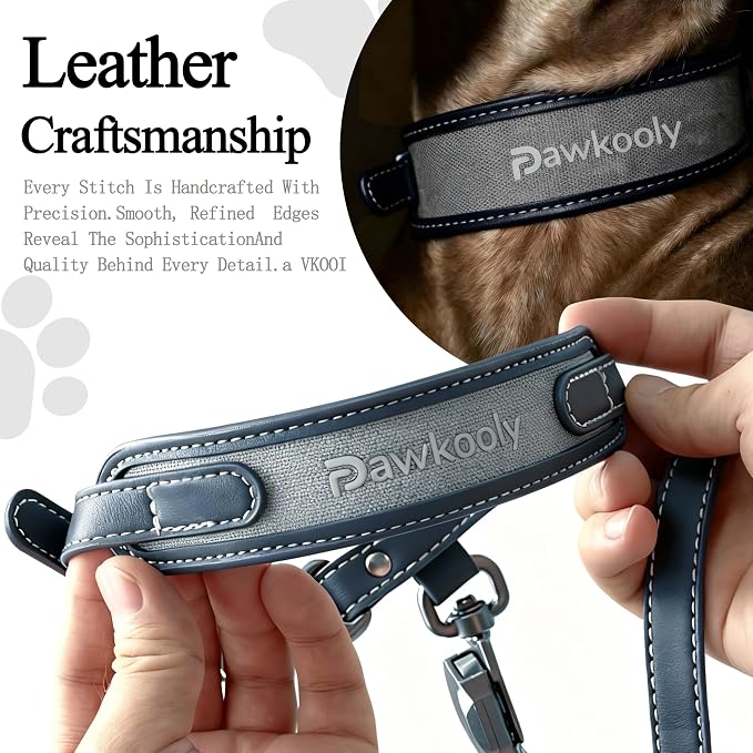 MagEase Dog Collar with 4FT Leash | Adjustable | Anti-Wrinkle, Bite & Stain-Resistant Leather | Soft & Skin-Friendly | 450LB Escape-Proof Magnetic Buckle (Navy Blue, Medium)