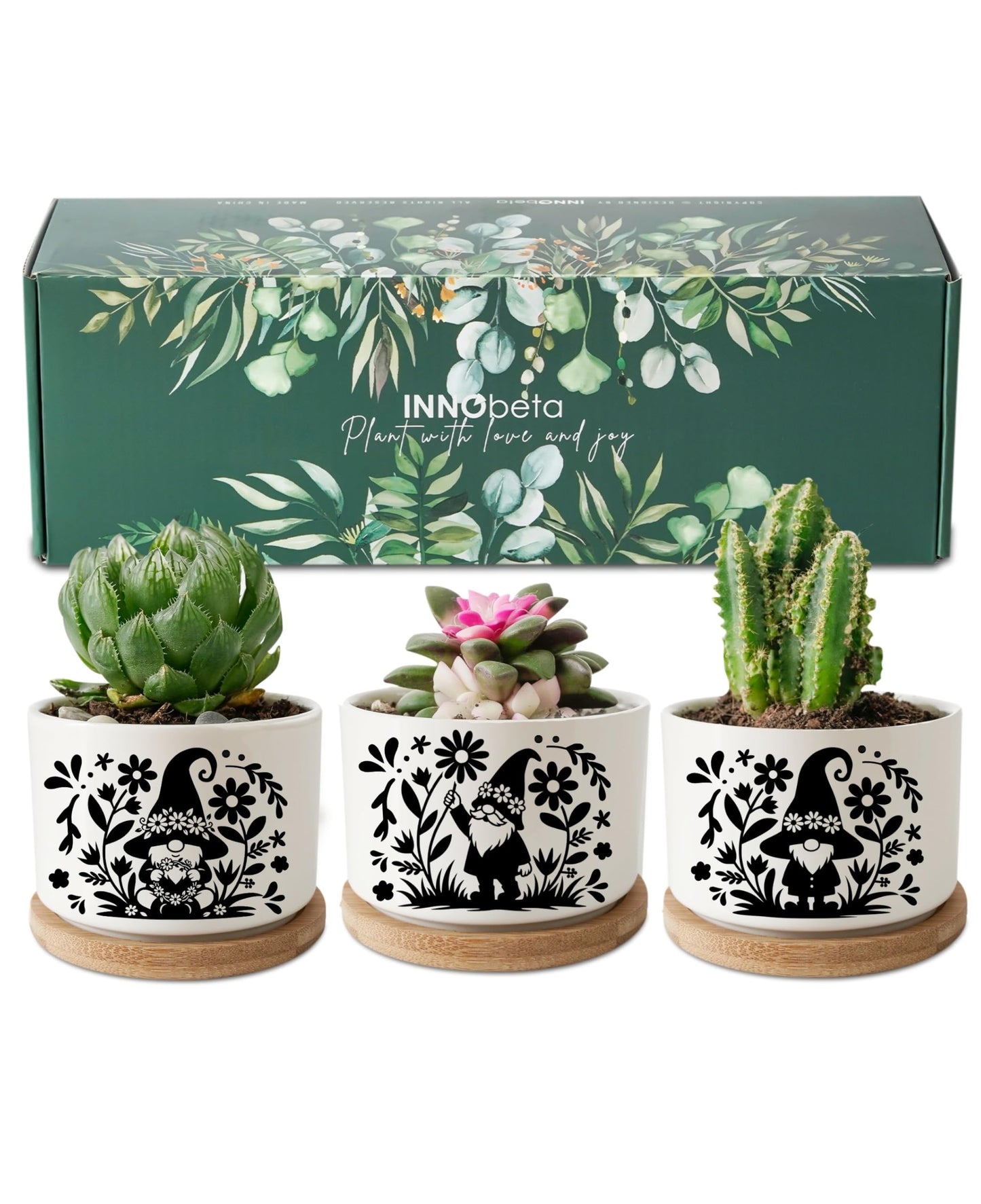 InnoBeta Gnome Gifts for Women Gardening Lovers, Succulent Plant Pots 3pcs, Gifts for Gnome Lovers, Gnomes Planter Pot with Bamboo Tray, Plants NOT Included, for Birthday, Christmas
