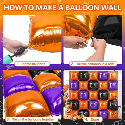 NISOCY 25PCS Orange Purple Black Square Foil Balloons Wall Backdrop Metallic Double Sided Orange Purple Black Balloons Tunnel Arch Kit for Halloween Birthday Graduation New Year Party Decorations