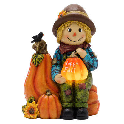 TERESA'S COLLECTIONS Fall Decor, Scarecrow Decor, Autumn Scarecrow Holding Pumpkin with Solar Lights, Waterproof Resin Outdoor Fall Decor, Fall Gifts Outdoor/Indoor,6.3"