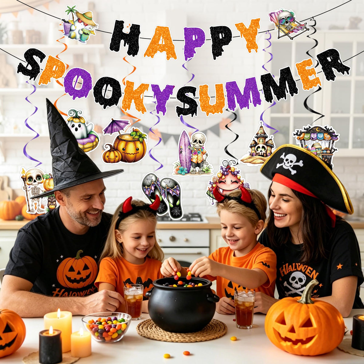 RUBOAOA Summerween Decorations, 10 Pcs Spooky Summer Halloween Decor with Banner Hanging Swirls, Cute Luau Beach Tropical Party Supplies for Indoor Home, Backyard, Patio, Pool and Summer Parties