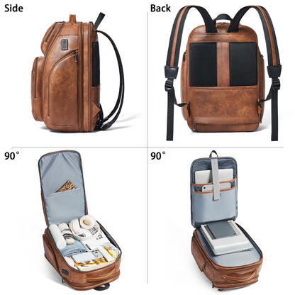 tiamyi Vegan Leather Backpack, 40L Expandable, TSA Travel Backpack for Men and Women, Fits 17.0 Inch Notebook with Luggage Strap and USB Port, Brown