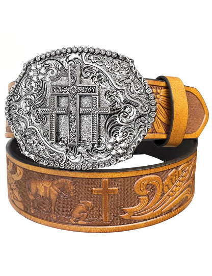 TOPACC Western Belts for Woman Men Cross Belt Buckle Cowgirl Cowboy Brown Leather Country Belt for Jeans Pants