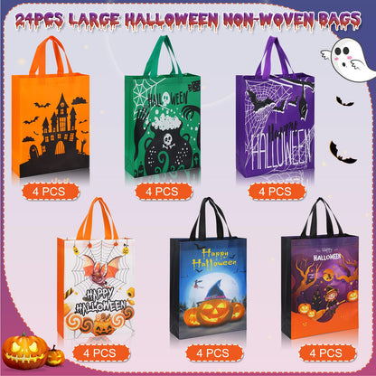 Sanwuta 24 Pcs Halloween Tote Gift Bags 14.9 x 11.8 Large Trick or Treat Reusable Non Woven Candy Treat Goodies Bags for Halloween Party Supplies