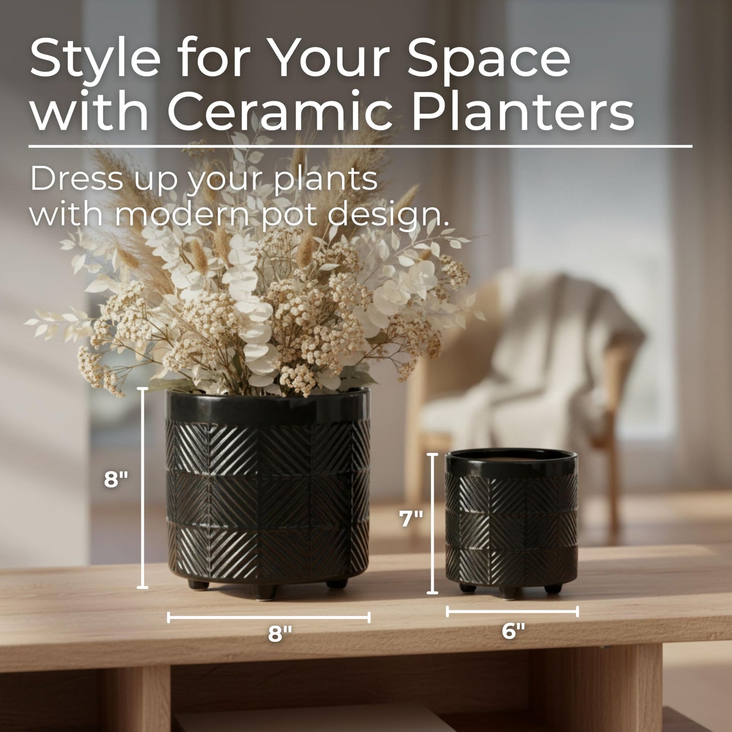 Set of 2 Ceramic Decorative Footed Planter Pot – Outdoor & Indoor Plant Pot with Embossed Textured Finish – Elegant and Modern Garden & Home Decor Ceramic Planters – 7" & 8", Black