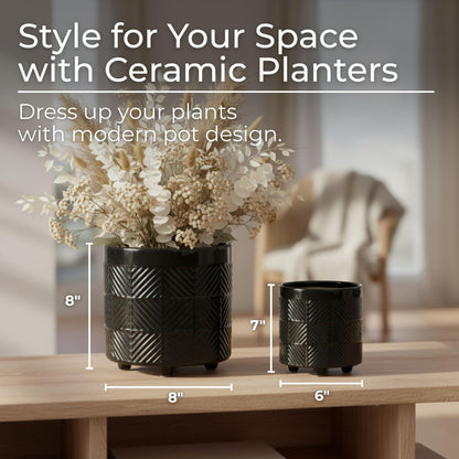 Set of 2 Ceramic Decorative Footed Planter Pot – Outdoor & Indoor Plant Pot with Embossed Textured Finish – Elegant and Modern Garden & Home Decor Ceramic Planters – 7" & 8", Black