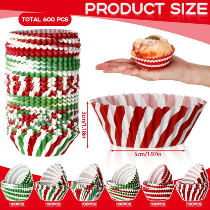 600 Pieces Christmas Cupcake Liners 6 Style Christmas Party Cupcake Holder Toppers Muffin Cups Wrappers Xmas Paper Baking Cups for Cake Candy Make Baking Supplies