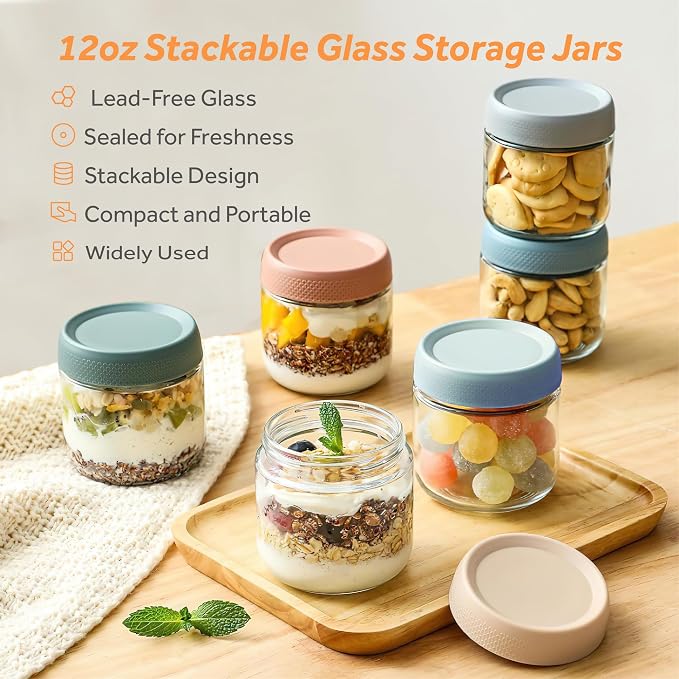 8 oz/250 ml Clear Glass Storage Canister with Airtight Lid, 4 Pack Small Cute Decorative Container Jar for Overnight Oats, Snacks, Yogurt, Cereal, Fruit, Salad, Spice, Sugar, Coffee, Tea
