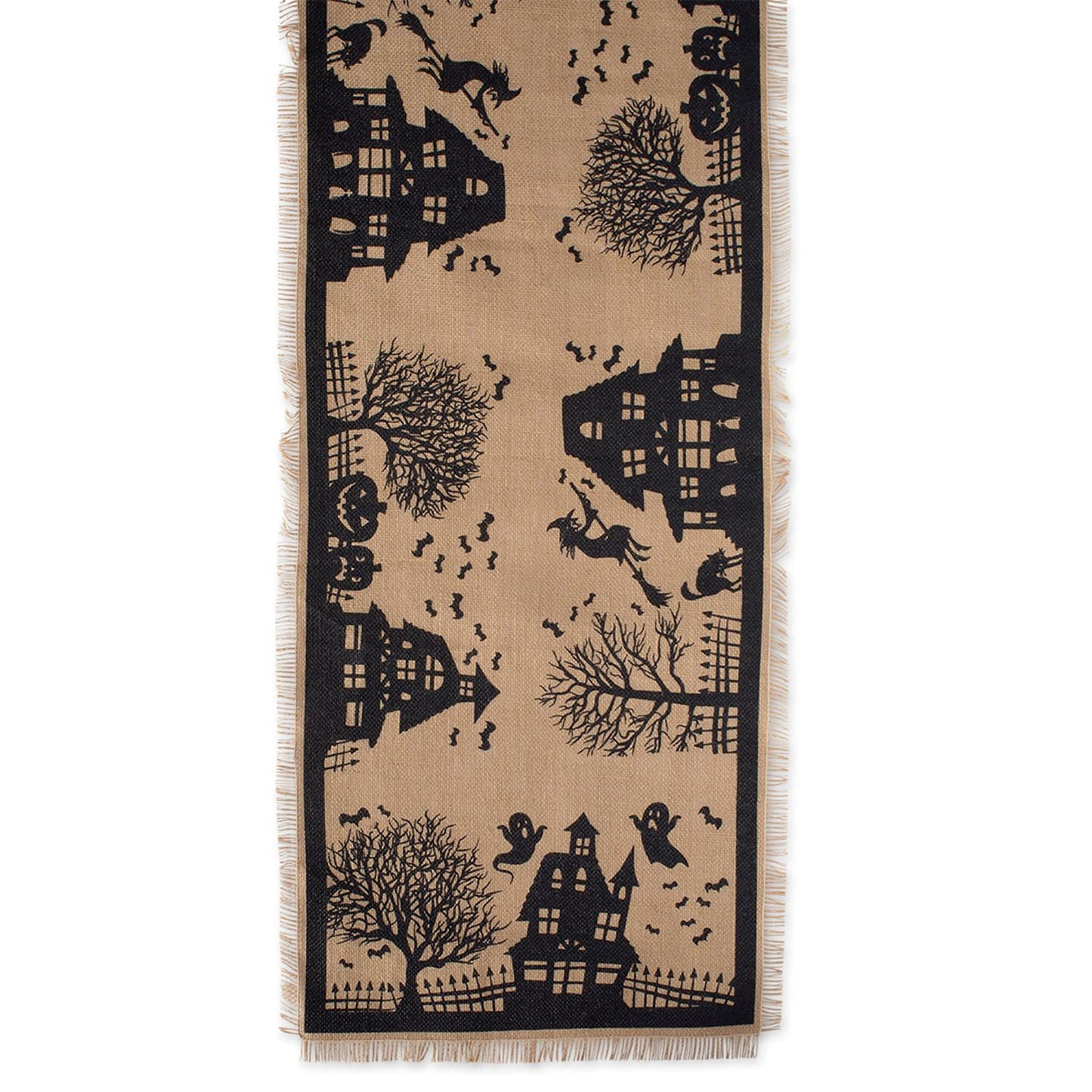 DII Halloween Primitive Style Burlap Tabletop Décor, Spooky Haunted House Jute, Table Runner, 14x113, Black & Tan