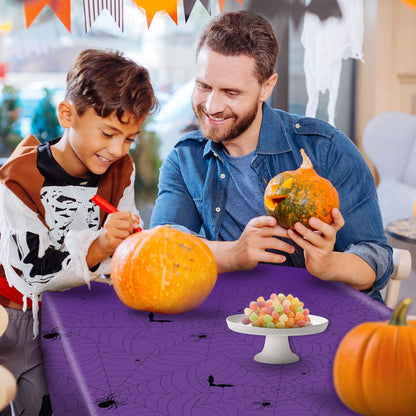 Sundonix Halloween Tablecloth Plastic Disposable - Table Cloth Cover Party Decorations for Rectangle Tables Black Spider Web Purple Orange 54x108 Inch(3 Pack)