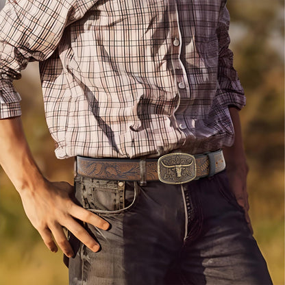 JIMJOY Men's Western Leather Belt Cowboy Belts for Men Big Engraved Buckle Belts