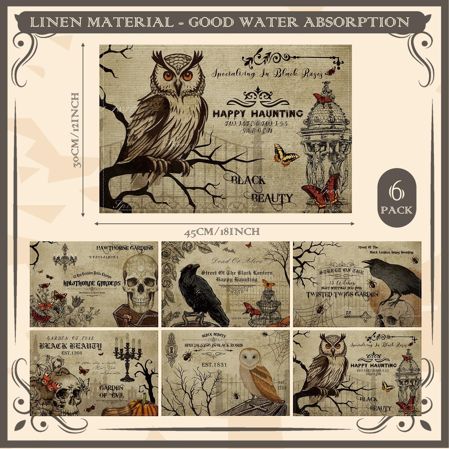 Umigy 6 Pcs Halloween Placemats 12"x18" Gothic Bat Placemats Kitchen Decoration Washable Witch Place Mats Rectangle Skull Table Mats for Halloween Dining Table Accessories(Poster Style)