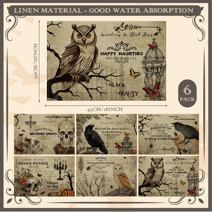 Umigy 6 Pcs Halloween Placemats 12"x18" Gothic Bat Placemats Kitchen Decoration Washable Witch Place Mats Rectangle Skull Table Mats for Halloween Dining Table Accessories(Poster Style)