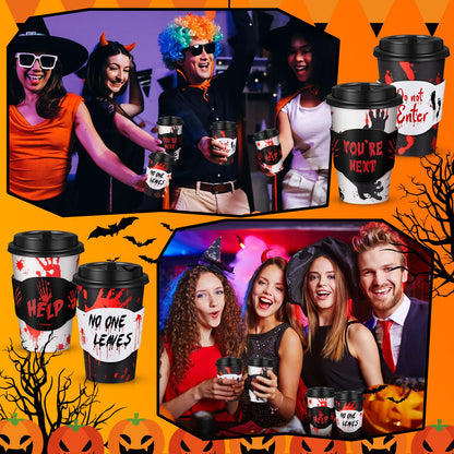 MotiMind 48 Set Halloween Disposable Coffee Cups with Lids & Sleeves 12 oz Halloween Hot Cold Beverage Paper Cups Bulk for Holiday Coffee Drinking Party Supplies Decorations(Black and Red,Blood)