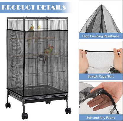 Trinkrittey Large Bird Cage Seed Catcher 31 x 118 inches Adjustable Bird Cage Net Cover Black Bird Cage Cover Elastic Band Mesh Cage Cover Skirt Nylon Mesh for Parakeet Parrot Cages