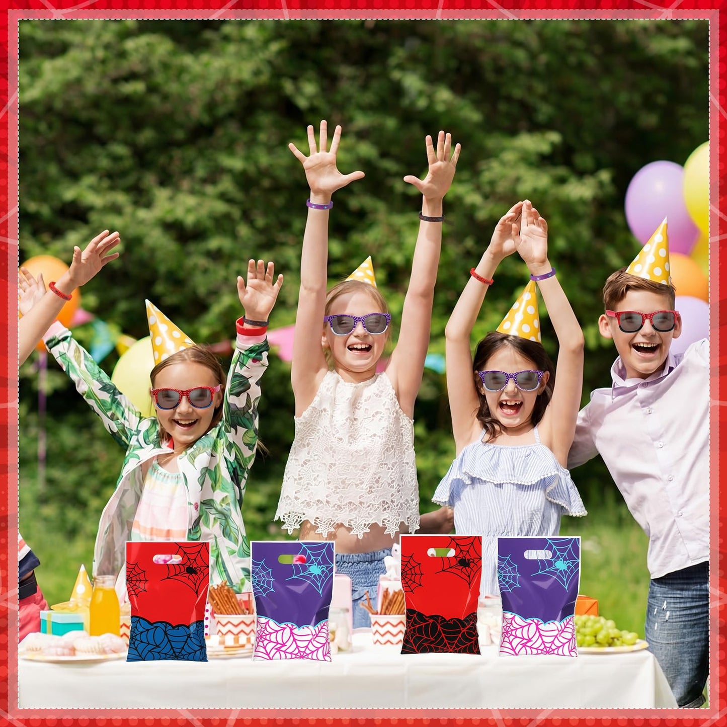 Soulchen 96 Pieces Spiderweb Birthday Party Decoration Set Spiderweb Gift Bags Spider Silicone Bracelet Sunglasses Cobweb Sticky Hands Toys for Birthday Party Supplies Favors (Vibrant)