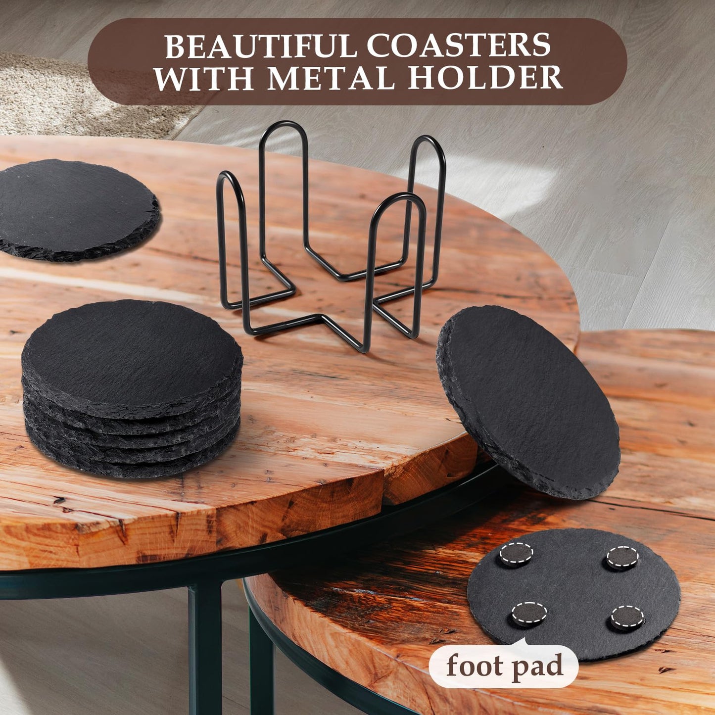 Slate Drink Coasters with Metal Holder, GOH DODD Set of 8 Black Coasters, 4 Inch Stone Coaster Set Tabletop Protection for Home Kitchen Apartment Bar Decor Housewarming Gifts Wedding Party, Round