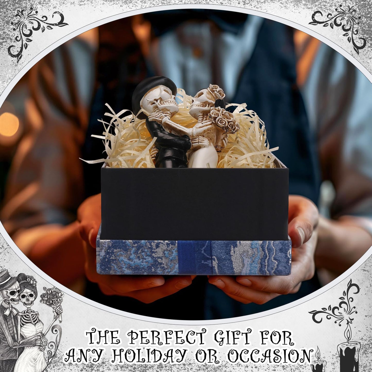 LemonRoad Day-of-the-Dead Couple Skeleton Decor Bride and Groom Skeleton Dia De Los Muertos Figurines Day of the Dead Decorations Halloween Gothic Wedding Cake Topper Decor(Standing)