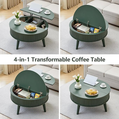 Round Lift Top Coffee Table with Storage, 35.4'' Fluted Wood Center Table Mid Century Modern Coffee Table with Lifting Top for Living Room, Office, Small Space Green
