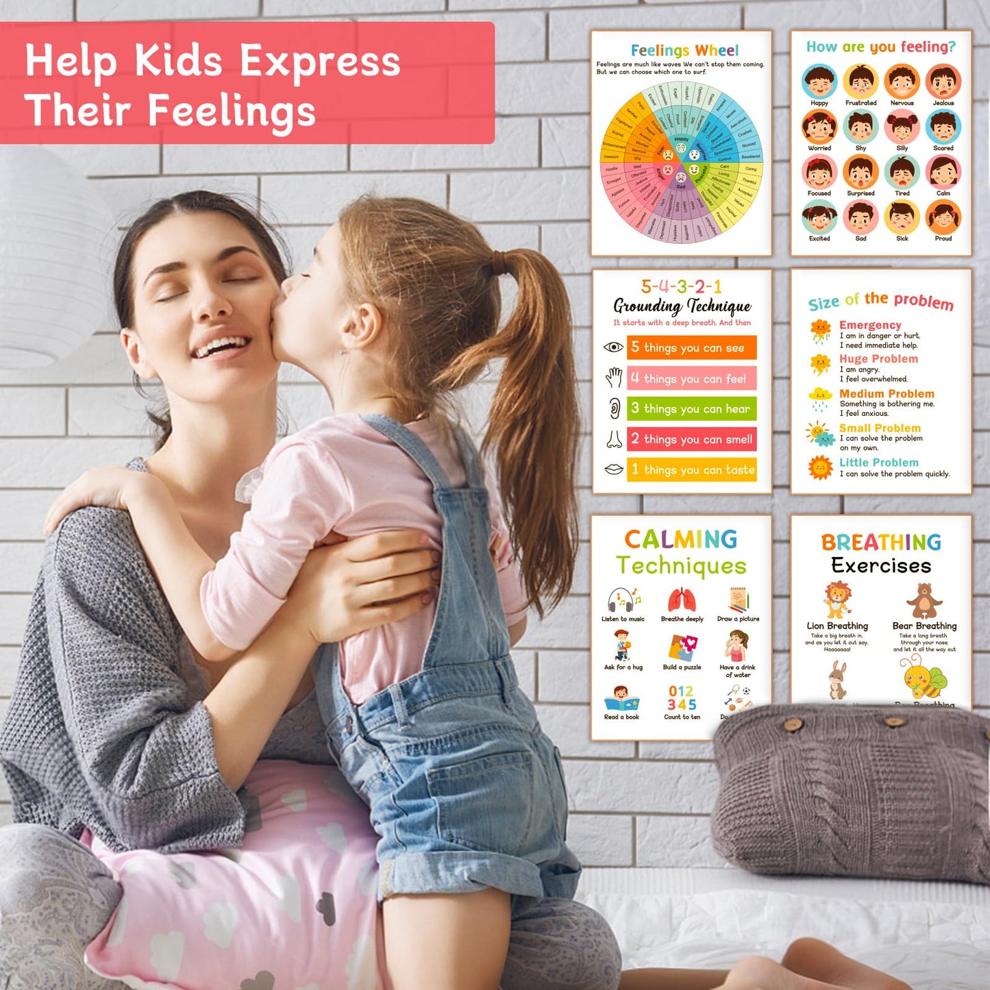 9 Calming Corner Posters, Feelings Chart for Kids, Calm Down Corner Mental Health Posters, Preschool Classroom Educational Poster Emotions Chart Coping Skills, Wall Art Decoration Mood Calming Sticker