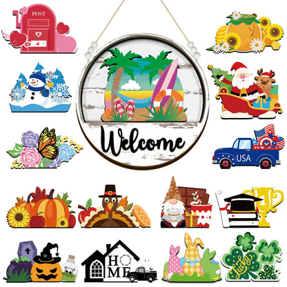Sintuff 16 Pcs 12 Inch Interchangeable Welcome Sign for Front Door Wood Seasonal Magnetic Icon Holiday Wreath Decor Rustic Hanging Sign for Patriotic Summer Home Warming Gift(Black Word, White Back)
