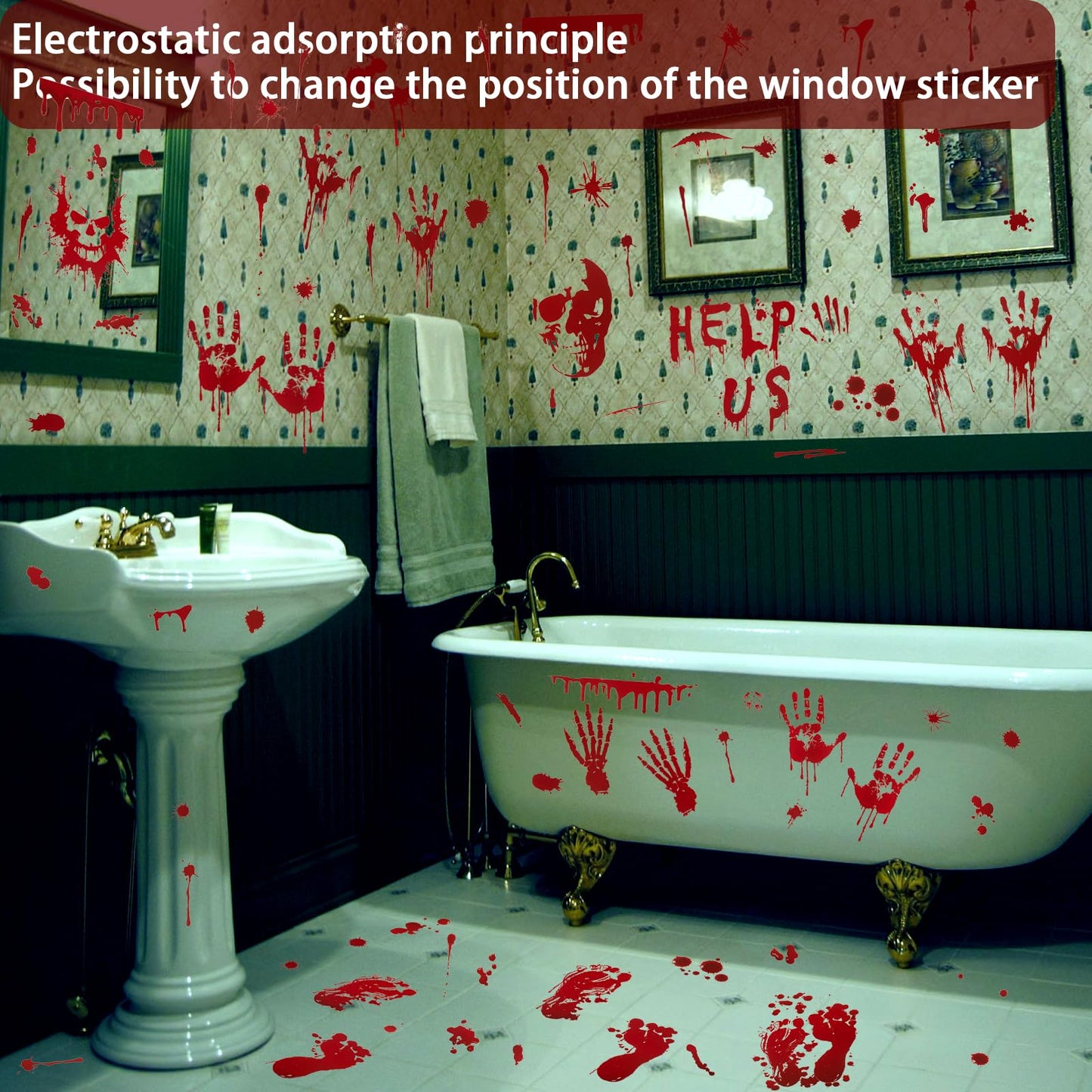 Llewyn Halloween Decorations Window Clings - 9 Sheets 90 Pcs Bloody Handprint Footprints Stickers with 10 Pcs Tattoo Stickers, Double Sided Static Wall Floor Decals for Horror Bathroom Zombie Party
