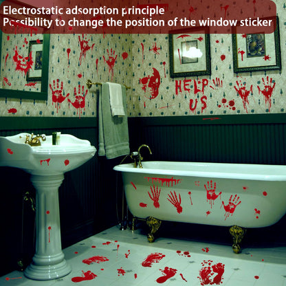 Llewyn Halloween Decorations Window Clings - 9 Sheets 90 Pcs Bloody Handprint Footprints Stickers with 10 Pcs Tattoo Stickers, Double Sided Static Wall Floor Decals for Horror Bathroom Zombie Party