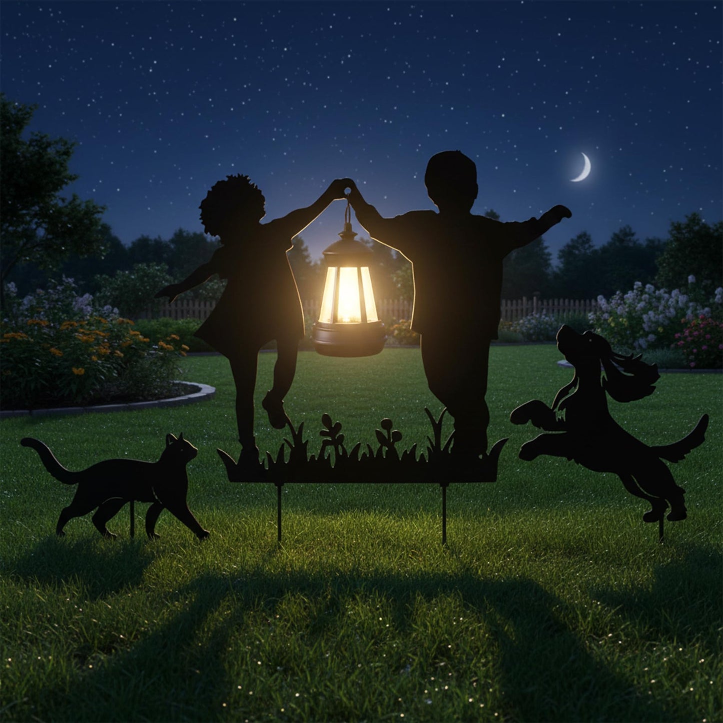 BVLFOOK Solar Garden Stakes with LED Lantern, Metal Silhouette Children and Pets Design, 12 x 4 x 10 Inches, Iron Construction, 3 Piece Set for Outdoor Yard Decor
