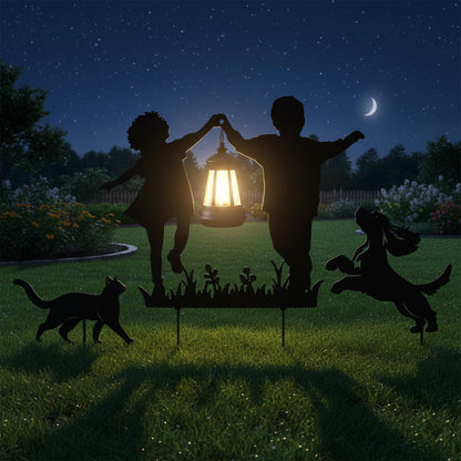 BVLFOOK Solar Garden Stakes with LED Lantern, Metal Silhouette Children and Pets Design, 12 x 4 x 10 Inches, Iron Construction, 3 Piece Set for Outdoor Yard Decor