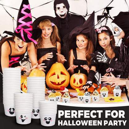 Whaline 48 Pcs Halloween Ghost Snack Cups White Boo Treat Disposable Paper Bowls 9 Oz Paper Cups Dessert Ice Cream Bowls for Trick or Treat Birthday Movie Party Favor Supplies