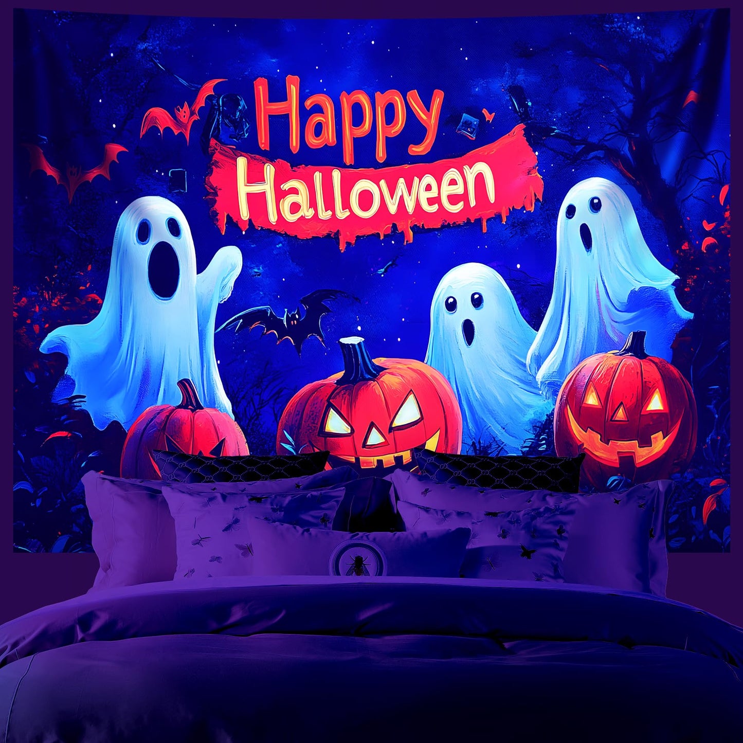 AOHMPT Glow-in-the-Dark Halloween Tapestry - UV Reactive Black Light Wall Hanging Decor for Spooky Parties, Bedroom, Living Room (Happy Halloween, 79L x 59W, Unframed)