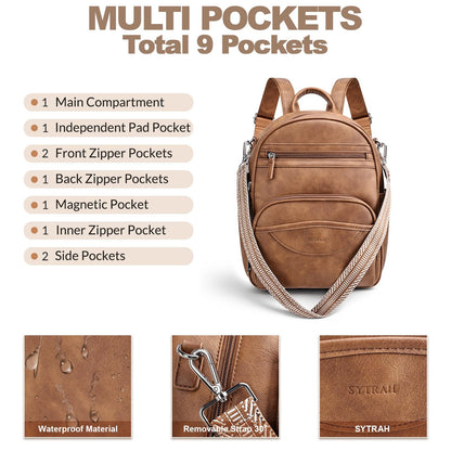 SYTRAH Small Backpack Purse for Women, Mini Backpack Vegan Leather with RFID Blocking & Tablet Pocket, Cute Shoulder Handbag for Travel, School & Work Brown