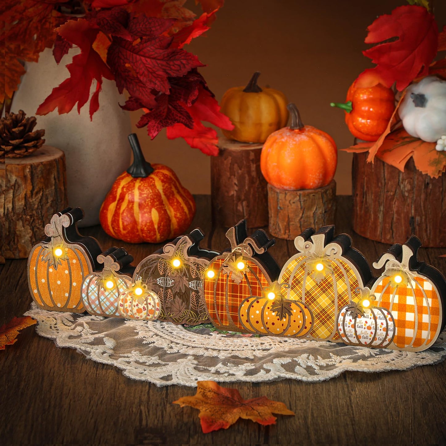 Yousoontic Fall Pumpkin Decor Table Centerpieces Halloween Wooden Pumpkin Sign Decorations with LED Lights 3D Block Autumn Harvest Farmhouse Fall Thanksgiving Decor for Home Mantel Desk Office Party