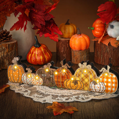 Yousoontic Fall Pumpkin Decor Table Centerpieces Halloween Wooden Pumpkin Sign Decorations with LED Lights 3D Block Autumn Harvest Farmhouse Fall Thanksgiving Decor for Home Mantel Desk Office Party