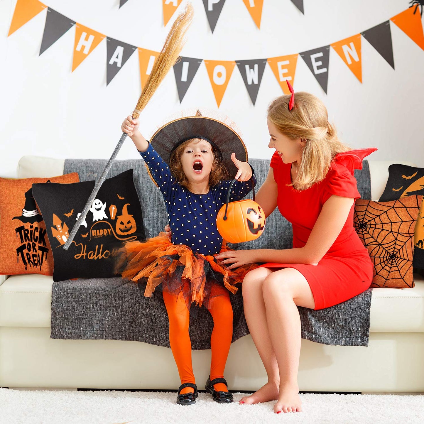 Whaline Halloween Pillow Case Large Orange and Black Pillow Cover 20" x 20" Happy Halloween Spider Ghost Pumpkin Linen Sofa Bed Throw Cushion Cover Decoration for Home Office, 4pcs