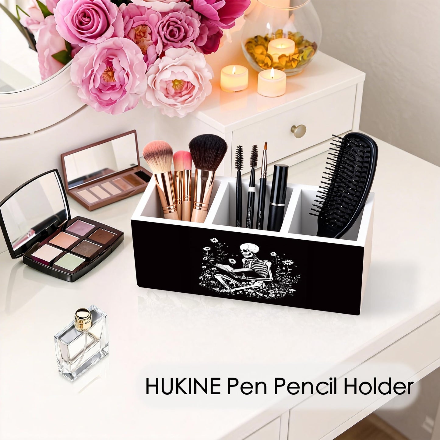 HUKINE Gothic Skeleton Bookish Pen Holder for Desk Decoration, Witchy Gothic Skull Reading Book Wooden Box Sign Pencil Holder Organizer for Home Office Desk Accessories, Book Lover Gifts