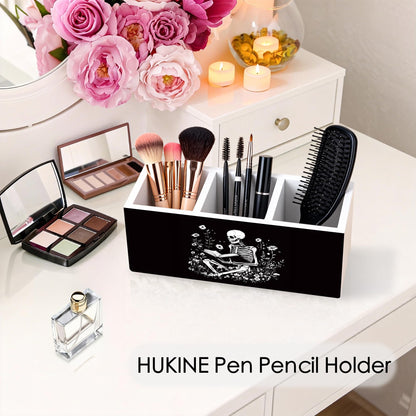 HUKINE Gothic Skeleton Bookish Pen Holder for Desk Decoration, Witchy Gothic Skull Reading Book Wooden Box Sign Pencil Holder Organizer for Home Office Desk Accessories, Book Lover Gifts