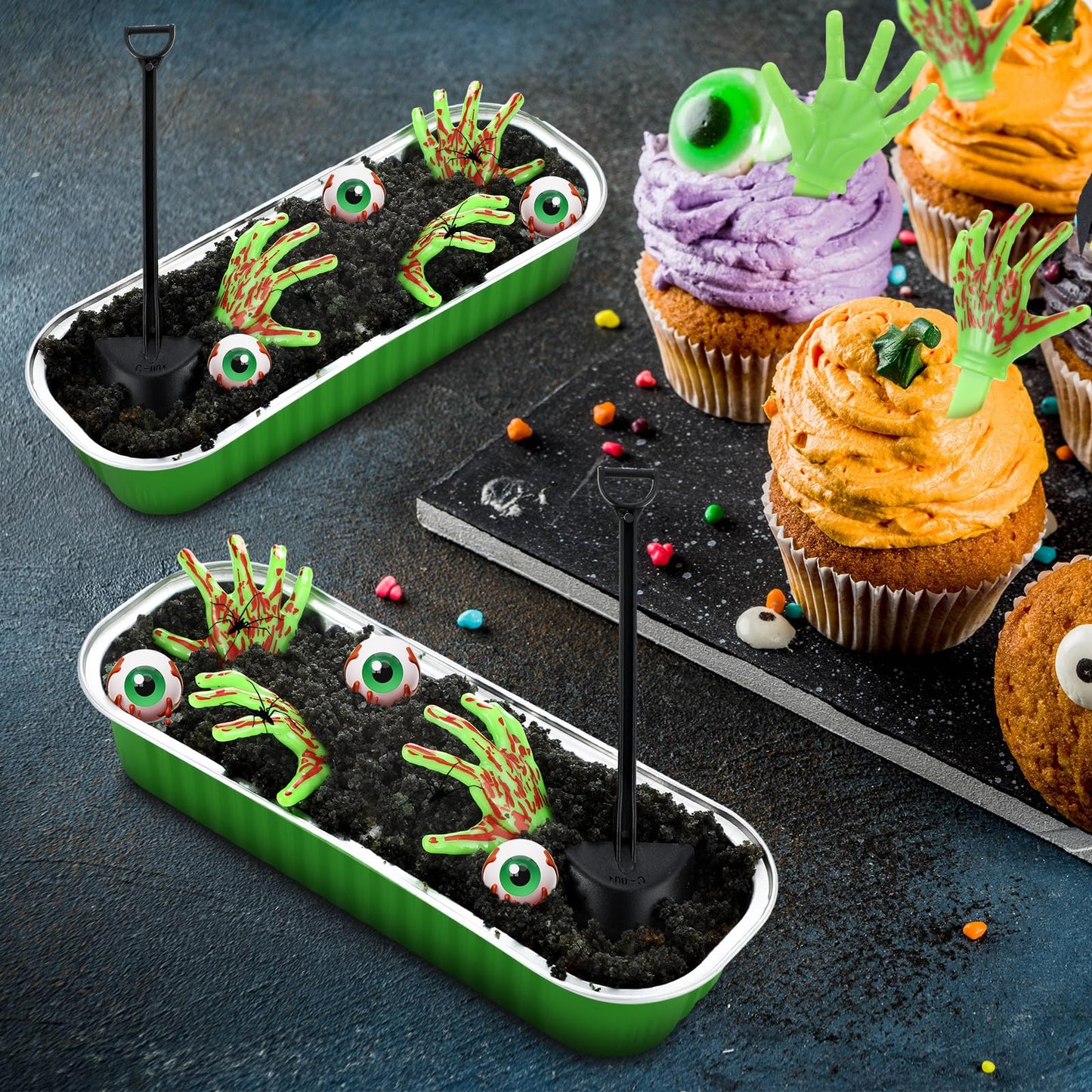SiliFine 24 Set Halloween Zombie Hands Decor Green Skeleton Hands Cake Toppers Halloween Baking Pans with Lids Shovel Spoons Horror Spooky Decoration for Zombie Birthday Party(Green)