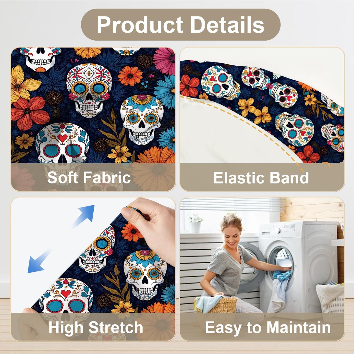 ANNA QUEEN Halloween Sugar Skull Chair Covers for Dining Room and Kitchen Set of 4 – Stretchable Floral Day of the Dead Chair Slipcovers, Festive Halloween and Holiday Décor
