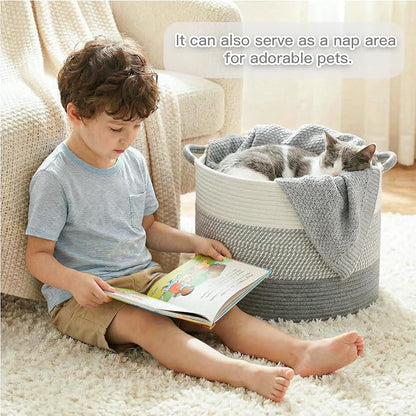 Artfeel 100L Large Cotton Rope Basket, Decorative Woven Blanket Storage for Living Room, Boho Toy Storage & Toy Box for Kids, Versatile Laundry Basket & Nursery Hamper for Blankets(Grey)