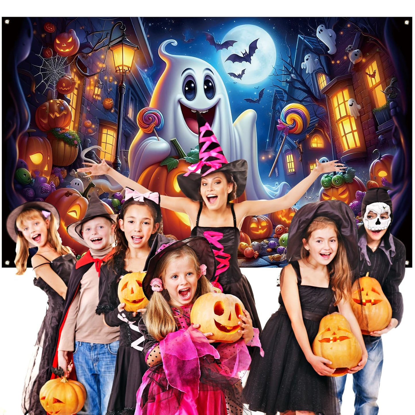 Ghost Pumpkin Halloween Photo Backdrop,Night Moon Banner Party Decorations and Supplies for Home-71×43''