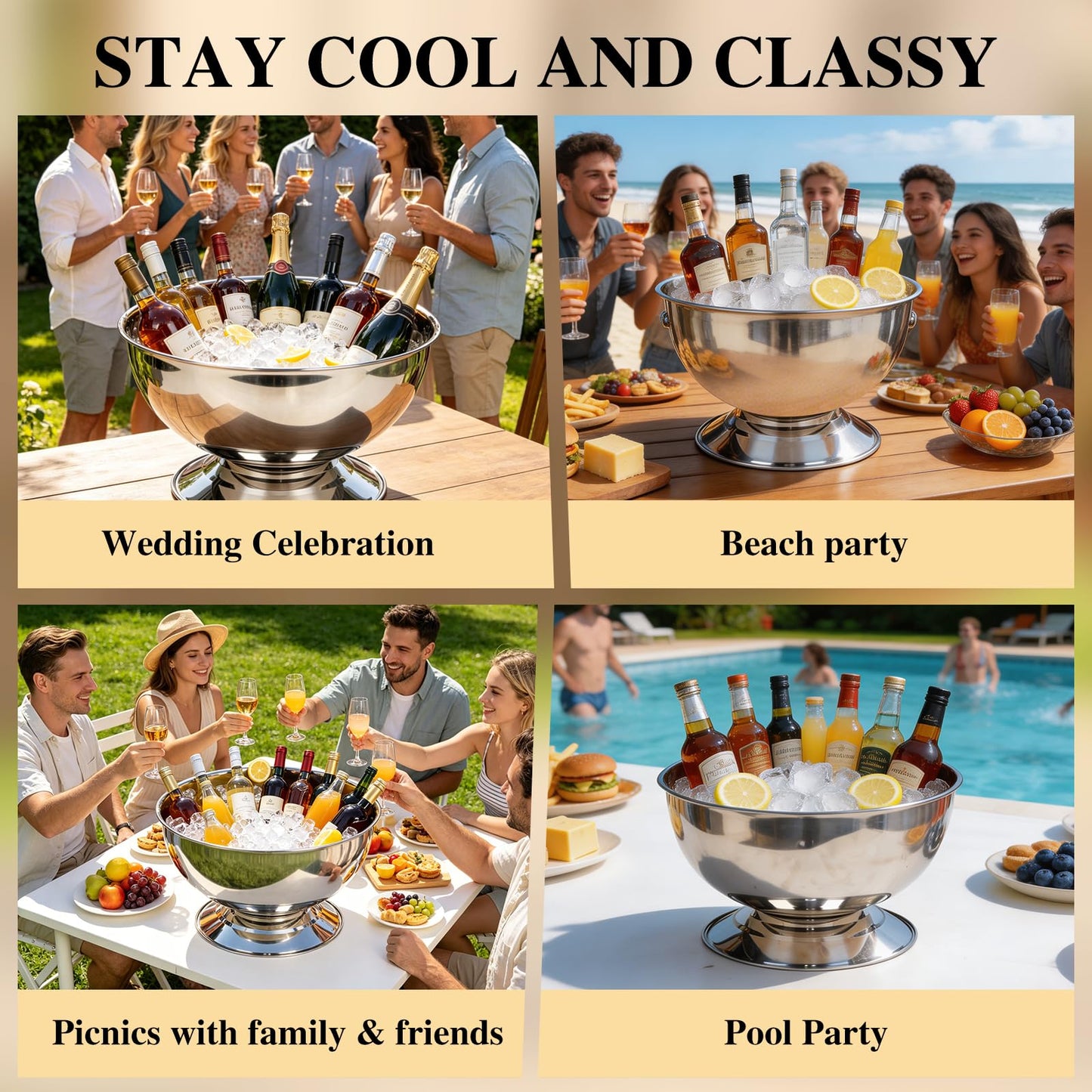 Yeatruojeet 12L Large Ice Bucket for Parties,Silver Stainless Steel Beverage Tub with Scoop – Champagne Bucket for Mimosa Bar Supplies, Wine Cooler Bucket, Drink Bucket for Celebrations
