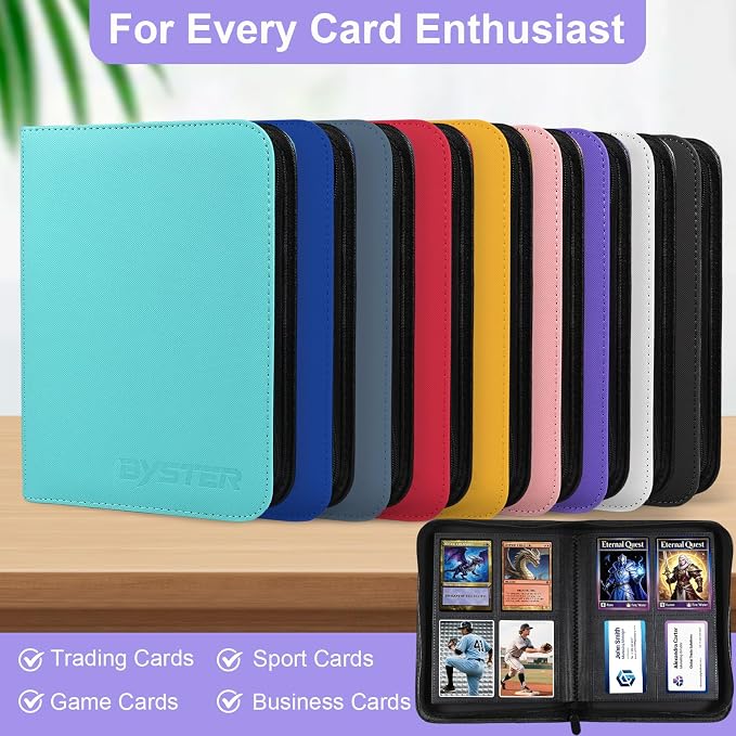 BYSTER 4 Pocket Card Binder, Premium PU Trading Card Binder with Zipper, 160 Capacity Side-Loading Binder for TCG, MTG, Sports Cards, Game Cards, Purple