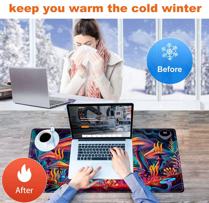 Heated Mouse Pad for Desk 31.5" x 13" – PU Leather Warm Desk Pad with 3 Heat Levels (104°F/113°F/122°F), Plug-in Electric Heating Mat with Auto Shut-Off, Waterproof & Rollable, Mushrooms