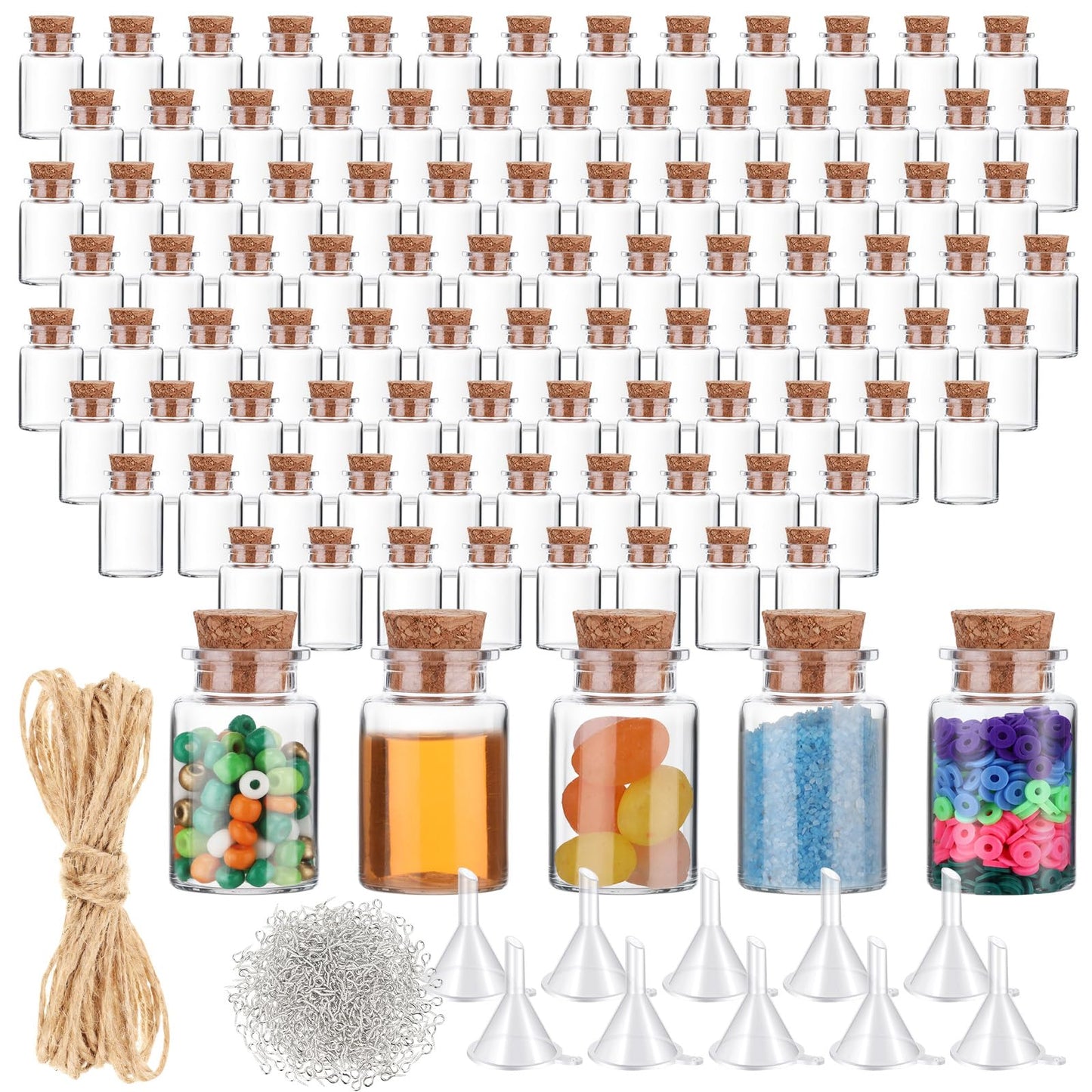 Bokon 100 Packs Mini Plastic Bottles with Corks Stoppers Eye Screws Funnels Small Potion Bottles Tiny Clear Sand Art Jar Wishing Vial for Birthday Party DIY Crafts Gift