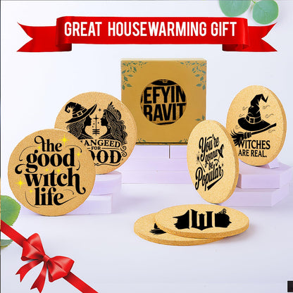 Cegkuc Coasters Witch for Drinks with Holder Set of 6, Wicked Cork Coaster Absorbent for Office Desk Cup Table Coasters Kitchen Decor House Warming Gifts for New Home Couples, Round 4"